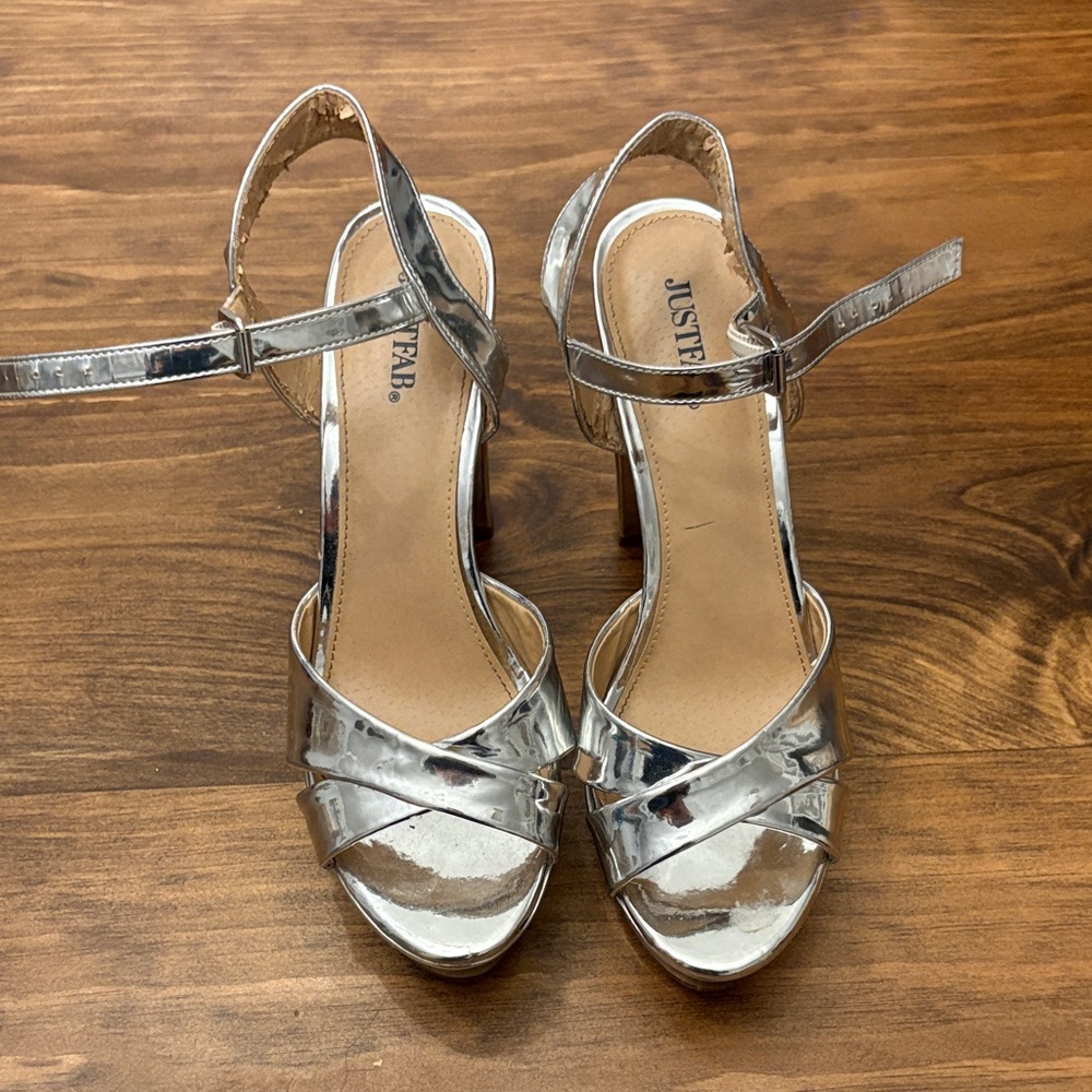 JustFab Shiny Silver Strappy Heels